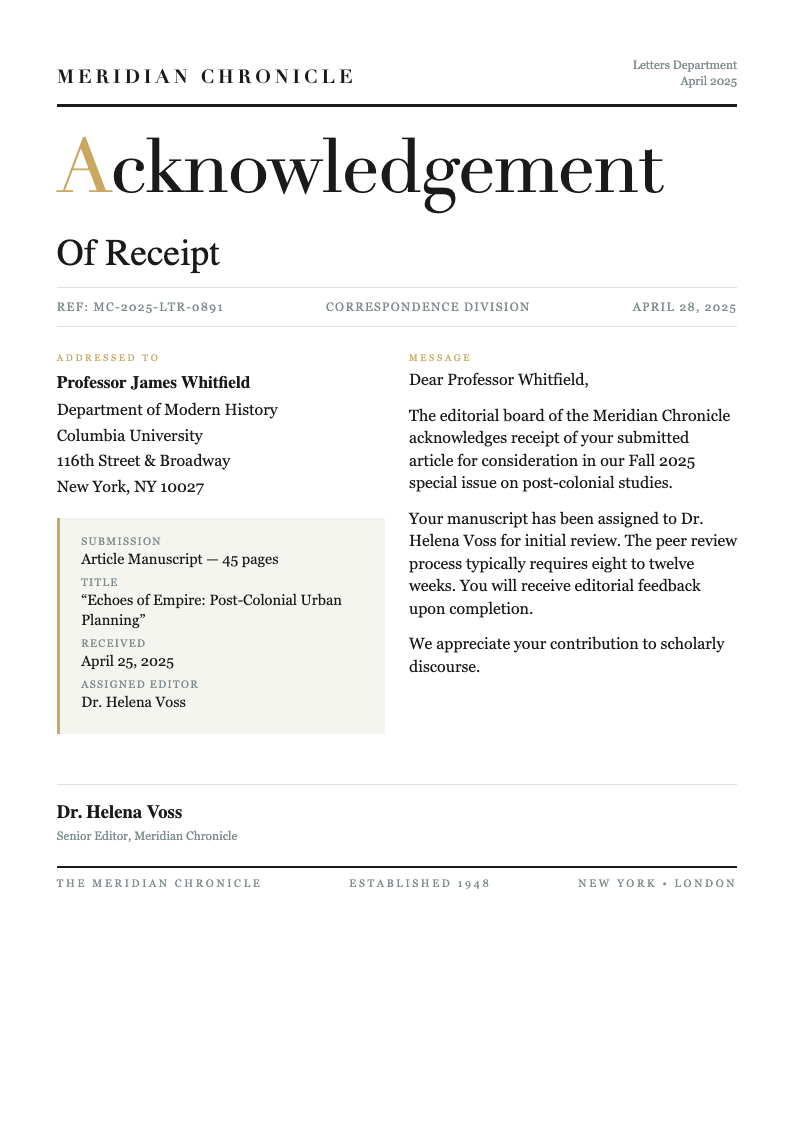 Editorial magazine acknowledgement letter